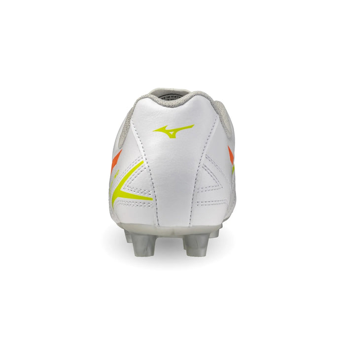 Mizuno Monarcida Neo III Select Junior FG football boot in white, evening primrose and lava orange