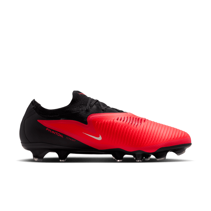 Nike Phantom 6 Low Pro FG football boot in bright crimson, blur and black - side view with laces