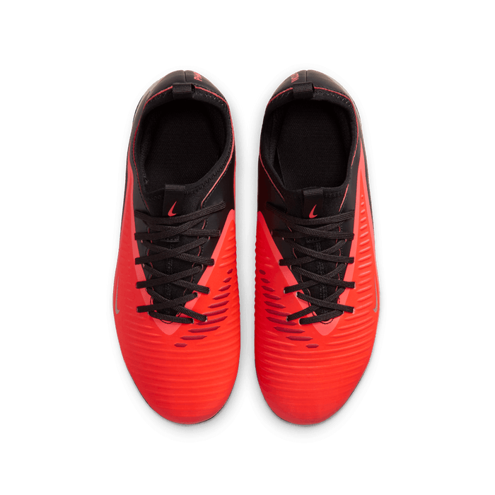 Nike Jr. Phantom 6 Low Academy FG/MG junior football boot in bright crimson, blur and black - top-down view