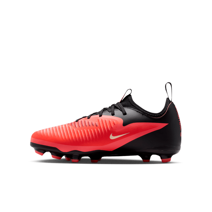 Nike Jr. Phantom 6 Low Academy FG/MG junior football boot in bright crimson, blur and black - inner side profile