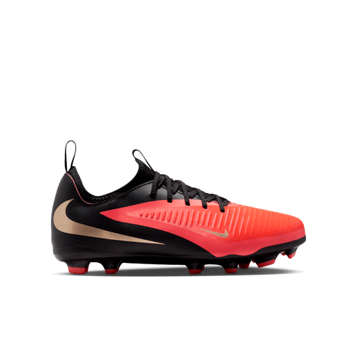 Nike Jr. Phantom 6 Low Academy FG/MG junior football boot in bright crimson, blur and black - side profile