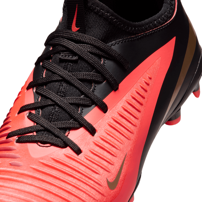 Nike Jr. Phantom 6 Low Academy FG/MG junior football boot in bright crimson, blur and black - upper detail