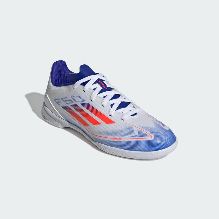 Adidas F50 League Indoor Jnr Football Shoes (White/Solar Red/Lucid Blue)