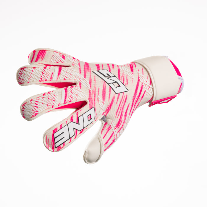 The One Glove OG1 Amped goalkeeper glove in white and hot pink, backhand detail
