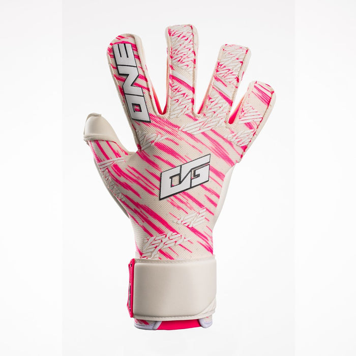 The One Glove OG1 Amped goalkeeper glove in white and hot pink, backhand view