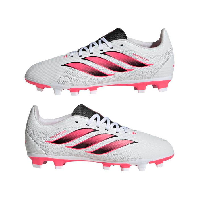 adidas Predator Club FG/MG junior football boot in white and solar turbo - pair side by side