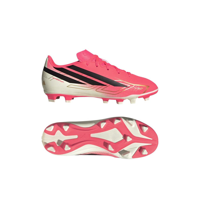 adidas F50 Hyperfast Club FG/MG junior football boot in solar turbo, black and gold - side and sole angle