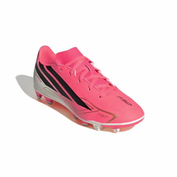adidas F50 Hyperfast Club FG/MG junior football boot in solar turbo, black and gold - front angle