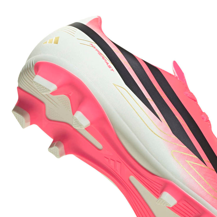 adidas F50 Hyperfast Club FG/MG junior football boot in solar turbo, black and gold - upper detail close-up