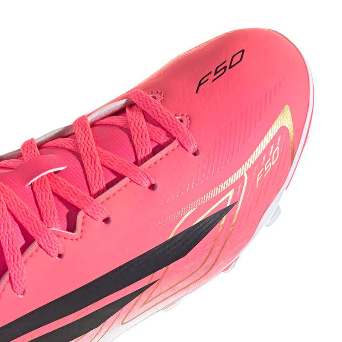 adidas F50 Hyperfast Club FG/MG junior football boot in solar turbo, black and gold - heel detail close-up