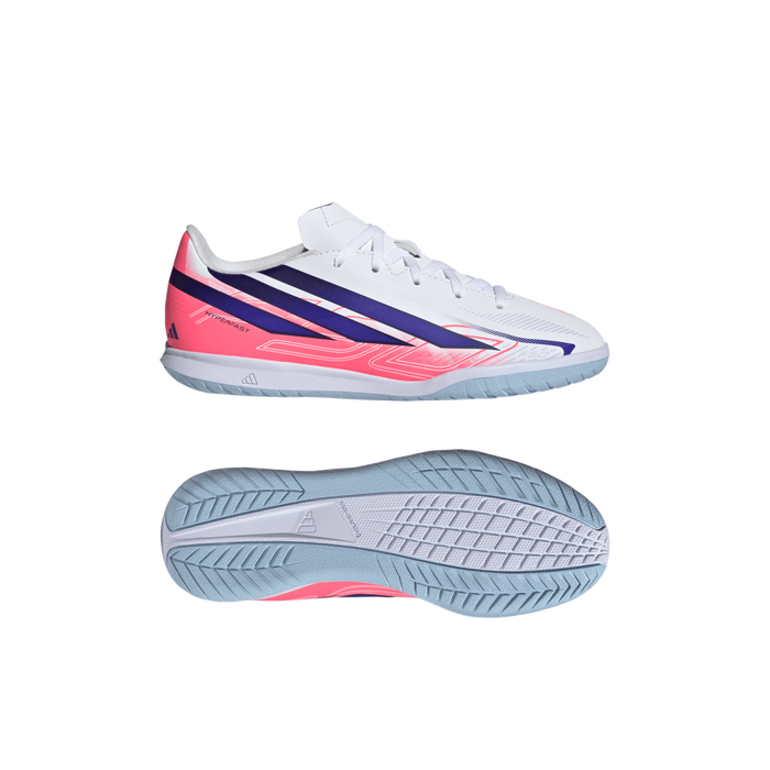 Adidas F50 Hyperfast Club Indoor Jnr Football Shoes (White / Solar Purple / Solar Turbo)
