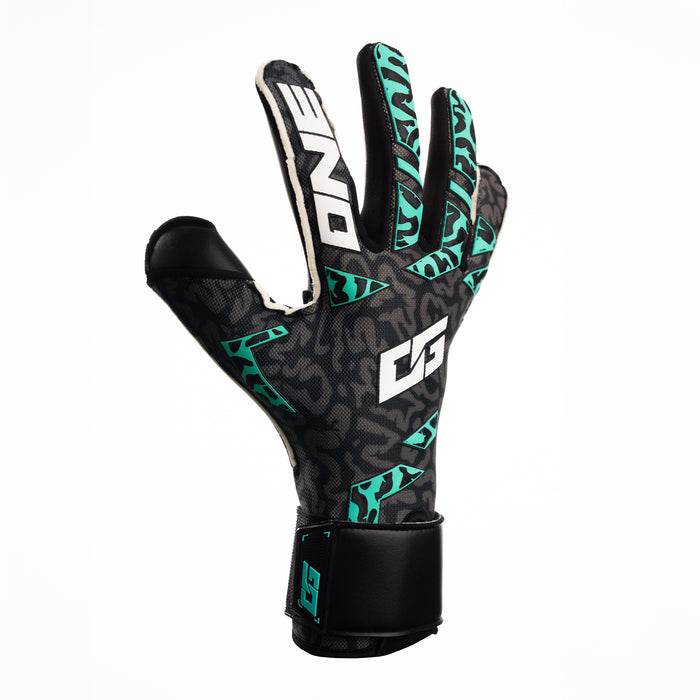 The One Glove OG1 Mentality Monster goalkeeper glove in black and teal, angled backhand view