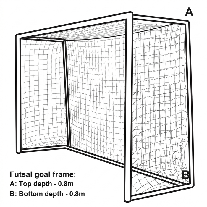 3m x 2m futsal goal frame diagram showing 0.8m top depth and 0.8m bottom depth