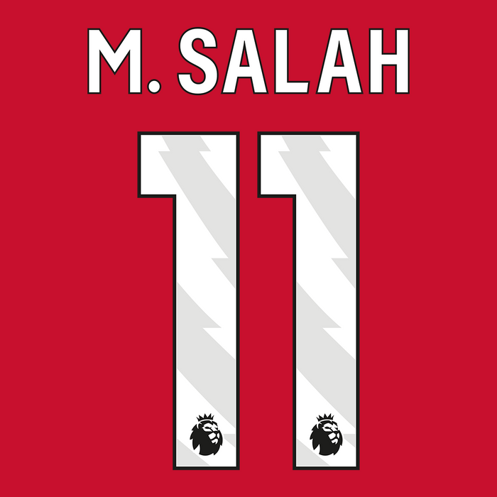 Official Premier League name and number print, M. Salah number 11 in white lettering on a youth football jersey
